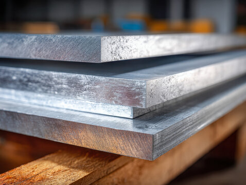 Stacked metal sheets with brushed texture resting on a wooden pallet showcasing industrial materials and construction elements in a warehouse setting