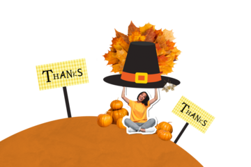 Composite trend artwork collage of autumn thanksgiving day tradition feast farmer young lady hold big hat natural leaves thanks banner