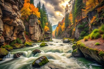 The river rushes through the canyon in the autumn forest