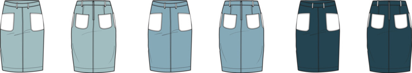 Collection of blue denim jeans displaying rear pockets and stitching details in a row