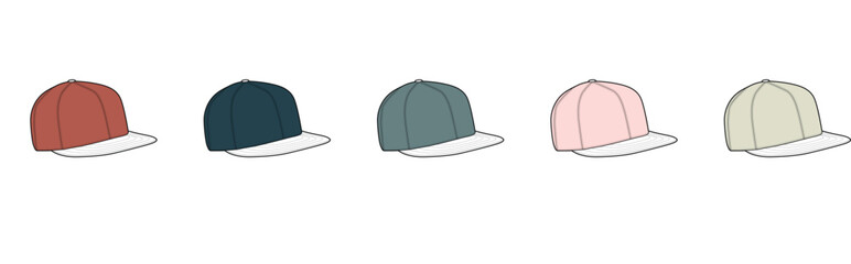 Collection of five different colored baseball caps displayed in a horizontal line on a white background
