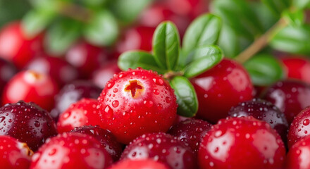 Ultra close-up shot of fresh cranberries covered in tiny water droplets