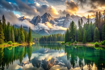 Majestic mountains reflect in the tranquil lake surrounded by a lush forest