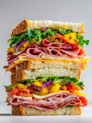 Layered deli sandwich stacked with fresh leafy greens, colorful peppers, sliced tomatoes, onions, assorted cold cuts, and melted cheese between toasted sandwich bread sli