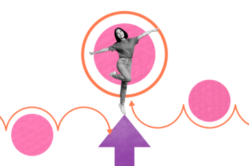 Composite artwork photo collage template sketch of success trade stats charts goal young woman stand arrow aim goal target success