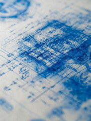 Detailed architectural blueprint illustrating the structural layout and design elements of a building plan with precise measurements and notes in blue ink on paper
