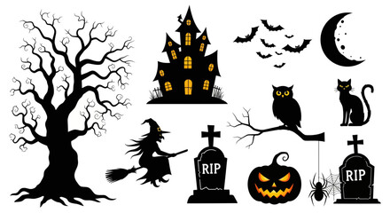 Spooky Halloween Silhouette Collection Haunted House, Witch, Owl, Bats, Pumpkin, Spider, Tombstones, and Crescent Moon