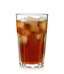 Tasty coffee with ice cubes in glass isolated on white