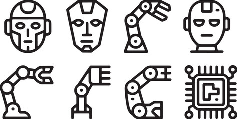 Modern robotic and artificial intelligence icon collection with head mechanical arm and chip