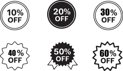 Creative discount and sale offer icon set with circular badge symbols showing different percentages