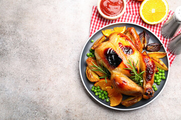 Tasty grilled chicken with rosemary and vegetables on grey table, flat lay. Space for text