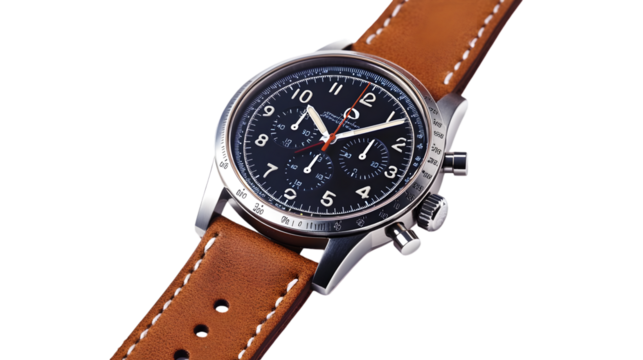 Closeup of a vintage chronograph watch with a leather strap isolated on transparent background