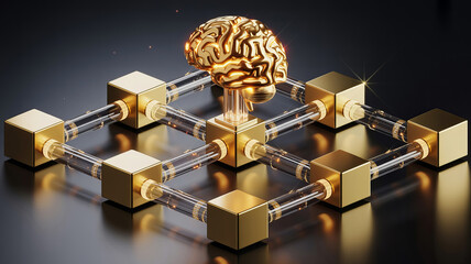 Golden abstract brain connected to network of glowing cubes and transparent tubes symbolizing intelligence, data, and advanced technology.