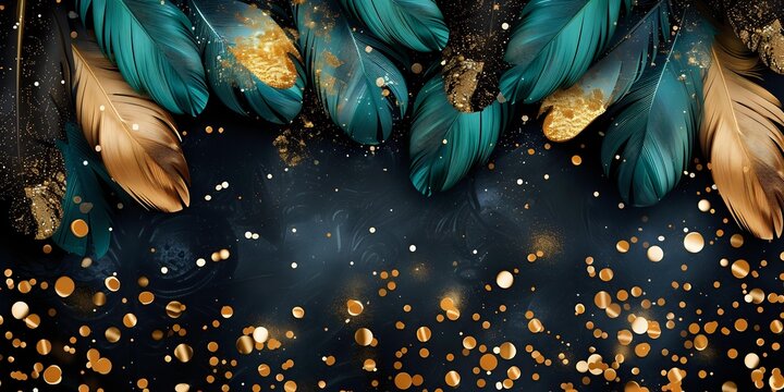 Luxurious turquoise and gold feathers frame dark background with magical golden sparkles and bokeh lights creating mystical atmosphere for fantasy designs.