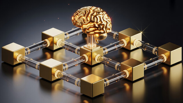 Golden abstract brain connected to network of glowing cubes and transparent tubes symbolizing intelligence, data, and advanced technology.