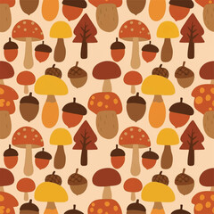 Autumnal Delight A Playful Pattern of Mushrooms, Acorns, and Trees for Fall Designs