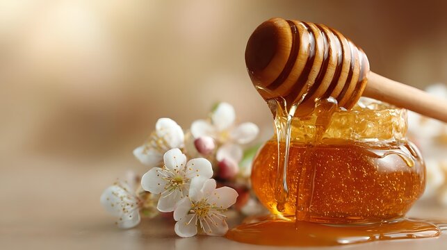 Golden honey dripping from wooden dipper into glass jar, with delicate white cherry blossoms beside it on wooden surface against soft beige background.