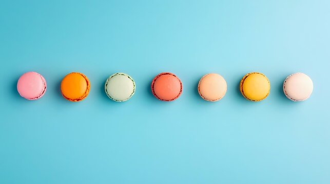 Colorful macarons arranged in straight line on turquoise background. Sweet French dessert cookies in pastel pink, orange, cream, coral, beige and yellow colors.