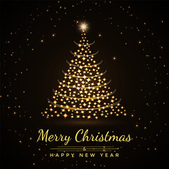 Glowing gold Christmas tree with sparkle stars. Luxury Cristmas greeting card with wishes Merry Christmas and Happy New Year. Vector illustration.