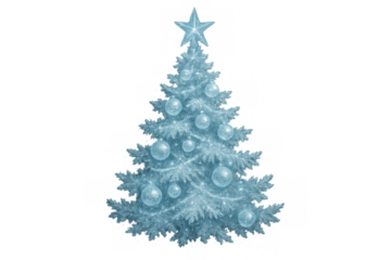 Frozen christmas tree with ice decorations and star glowing, celebrating winter holidays, transparent background
