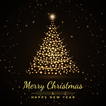 Glowing gold Christmas tree with sparkle stars. Luxury Cristmas greeting card with wishes Merry Christmas and Happy New Year. Vector illustration.