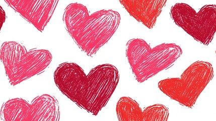 Romantic hand drawn hearts in shades of red and pink scattered on white background create seamless pattern for Valentine's Day cards, wrapping paper and textile design.