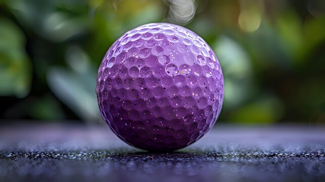 Purple golf ball on dark textured surface against blurred green background, showcasing unique sports equipment with artistic lighting and selective focus.
