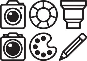 Photography icon set illustration with camera palette and pencil creative art design for photo studio digital and artistic concept