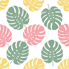 Vibrant tropical leaves seamless pattern with pastel green, pink, and yellow Monstera foliage creating a lively botanical design for fabrics and backgrounds