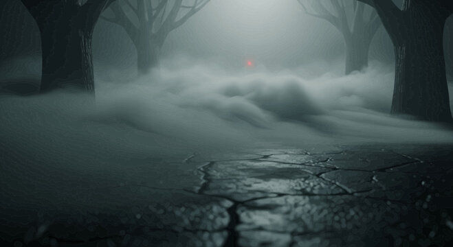 Eerie foggy forest path with glowing red eyes in the mist, a mysterious and unsettling atmosphere