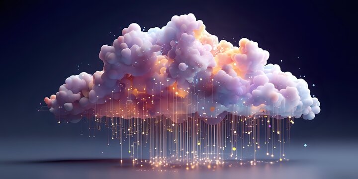 Magical cloud with glowing particles and light streams raining down against dark background, representing digital transformation or data flow.