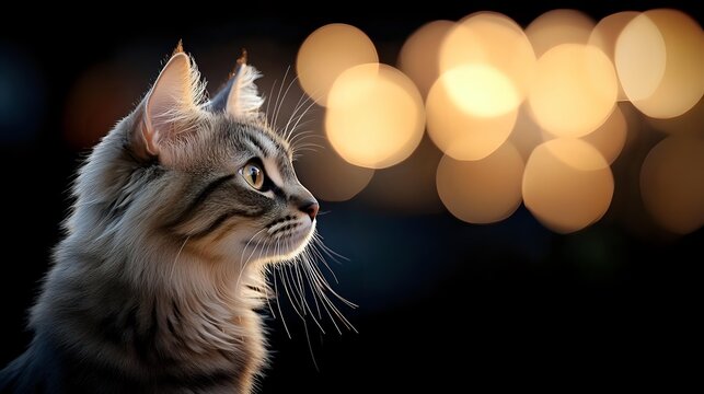 Majestic long-haired tabby cat in profile against blurred golden bokeh lights background, dramatic side lighting highlights whiskers and fur details in moody atmosphere.