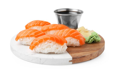 Delicious nigiri sushi with salmon, wasabi, ginger and soy sauce isolated on white