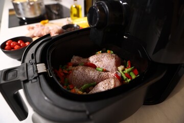Air fryer with raw chicken drumsticks and vegetables on countertop, closeup
