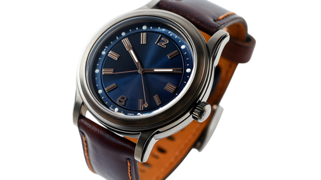 Stylish wristwatch with a blue dial and brown leather strap isolated on transparent background, a timeless accessory