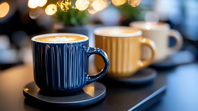 Stylish blue ceramic coffee cup with latte art on dark table, blurred background with additional cups and soft bokeh lights.