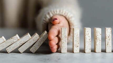 Baby's hand stopping falling domino effect, symbolizing intervention and problem-solving in challenging situations.
