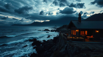 A cozy lounge area with a sofa and coffee table on the seashore, a resort villa on the oceanfront, stylish interior.