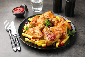Delicious grilled chicken wings with french fries served on grey table, closeup