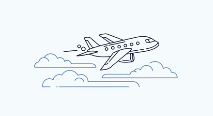 A simple line icon of an airplane flying through clouds in a minimalist style with a clean white background.