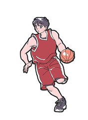 ドリブルをする赤いウェアの男子バスケットボール選手のイラスト