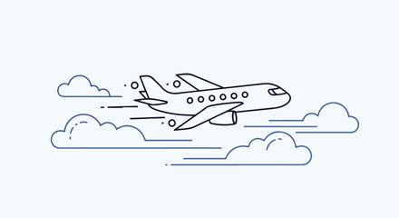 A simple line icon of an airplane flying through clouds with motion lines, conveying a sense of movement and travel in a minimalist style.