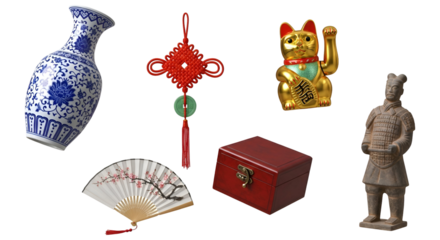 Asian Culture Decor Items Transparent Background Still Life with Traditional Symbols Lucky Cat Ornament Terracotta Warrior Figurine Knot Tassel Ceramic Vase and Oriental Style