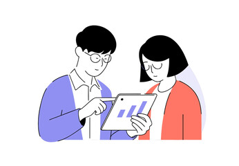 Two colleagues reviewing data analytics on shared tablet device together, isolated on a transparent background