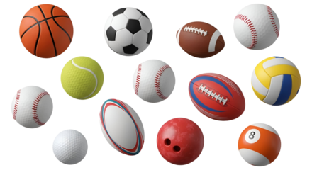 Varied Sports Balls Collection Transparent Background Diverse Sporting Equipment Team and Individual Games Assortment Recreational Activities Athletic Pursuits Playful Sphere