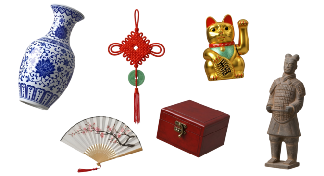 Asian Culture Decor Items Transparent Background Still Life with Traditional Symbols Lucky Cat Ornament Terracotta Warrior Figurine Knot Tassel Ceramic Vase and Oriental Style