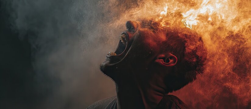 Burning Head, Fiery, Suffering, Pain, Horror, Apocalypse. - Powered by Adobe