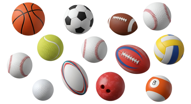 Varied Sports Balls Collection Transparent Background Diverse Sporting Equipment Team and Individual Games Assortment Recreational Activities Athletic Pursuits Playful Sphere