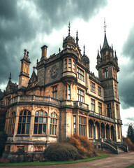 Obraz premium Gothic Victorian mansion with ornate turrets under moody sky