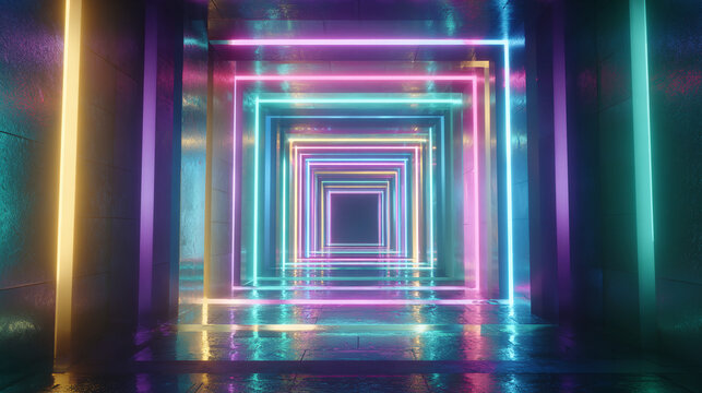 A vibrant tunnel of neon squares, blending various bright colors that create a sense of depth and futuristic ambiance.